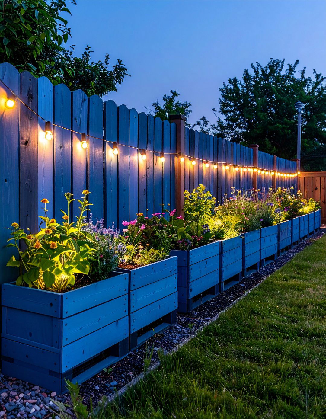 Solar Lit Pallet Fence with Planters - 25 pallet fence ideas