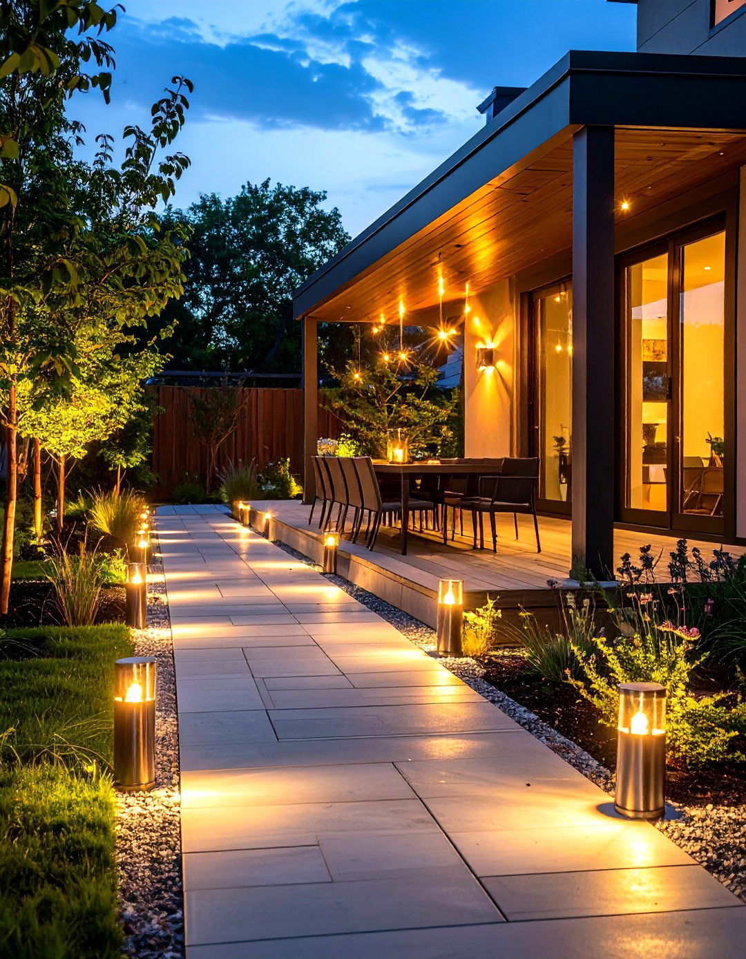 Solar Lit Pathway to Dining Landing - 25 outdoor dining area ideas