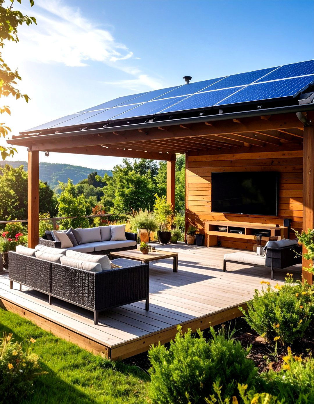 Solar Powered Pergola Panel for Off Grid Viewing - 25 outdoor tv ideas