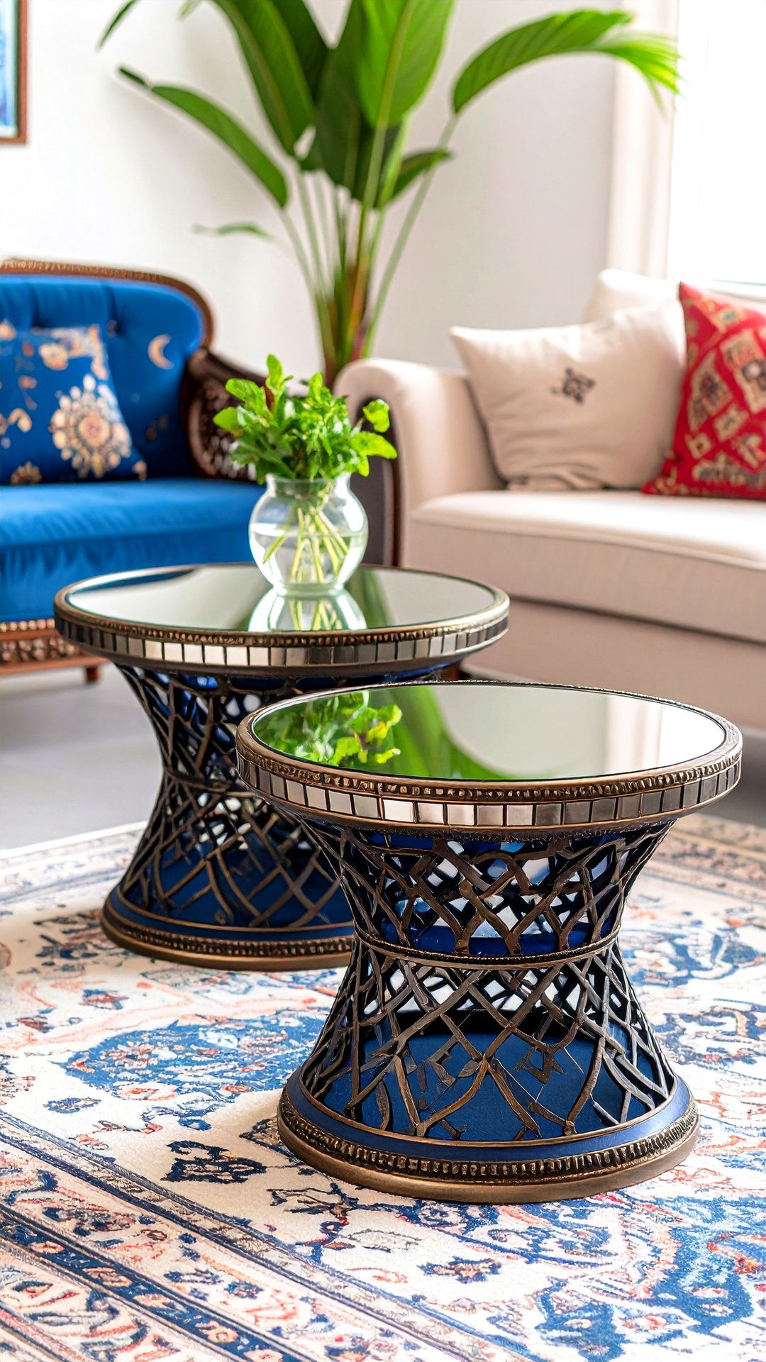 Sparkle With Mirrored Moroccan Side Tables in the Boho Living Room - 25 colorful boho living room ideas