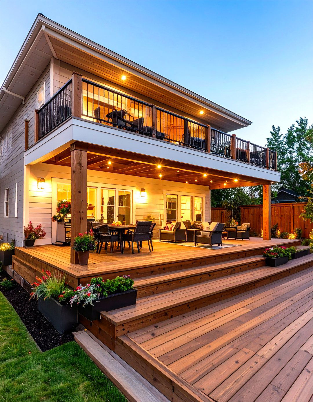Split Level Deck with Covered Upper Tier - 25 partially covered deck ideas