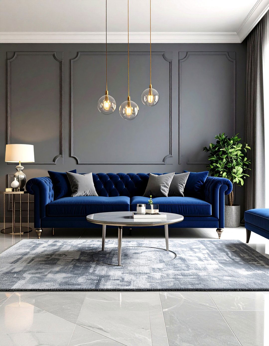 Spotlight a Navy Velvet Sofa as the Star - 25 navy blue and grey living room ideas