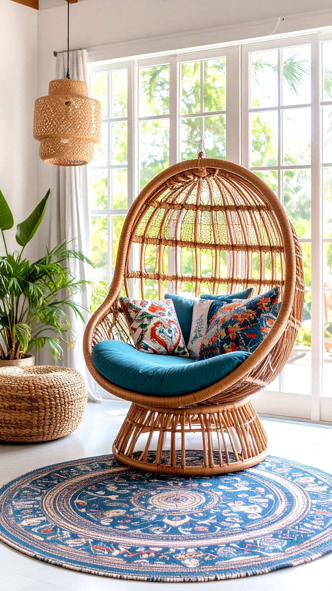 Spotlight a Rattan and Cane Statement Chair in the Boho Living Room - 25 colorful boho living room ideas