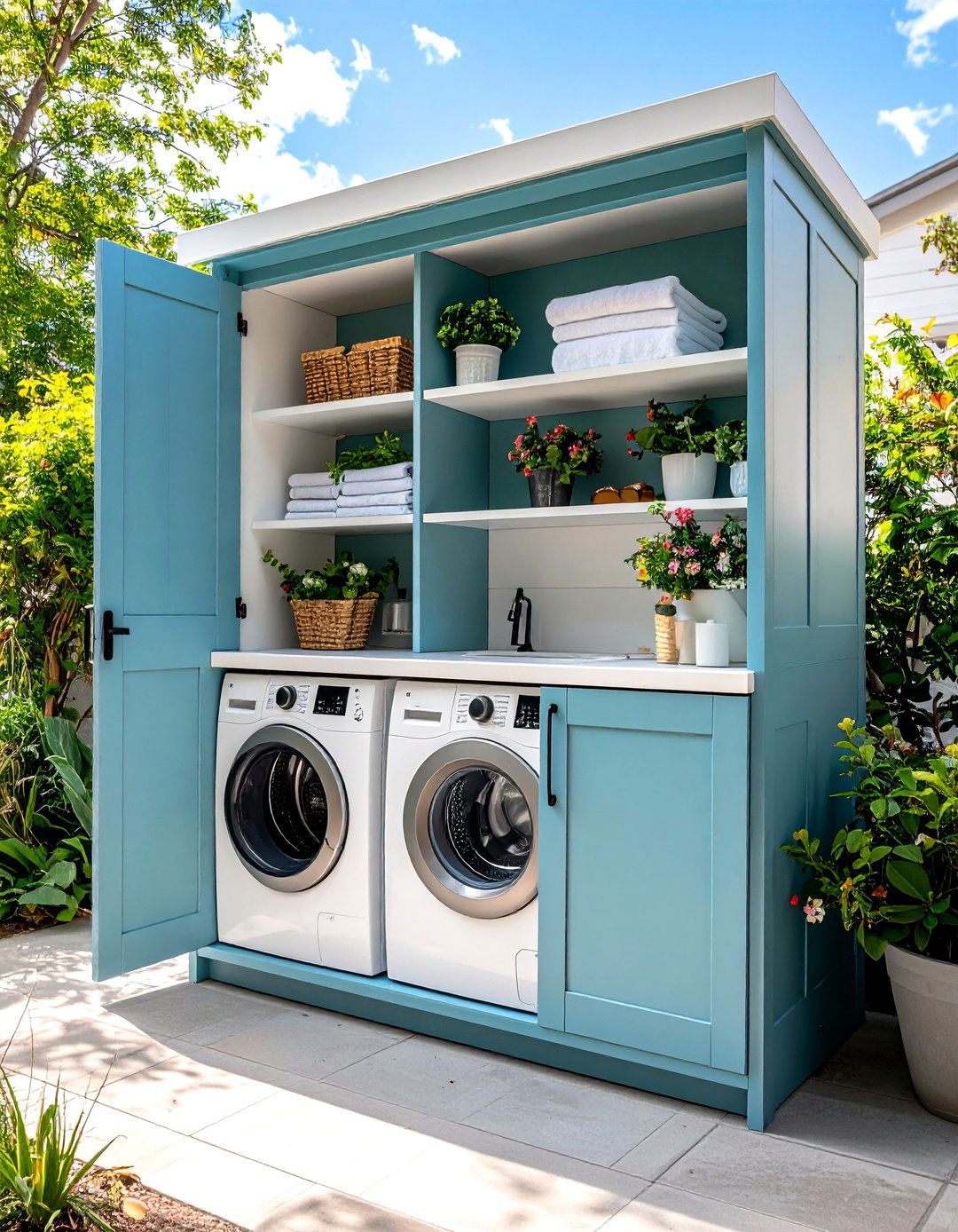 Stacked Machines Hidden in a Patio Cupboard - 25 outdoor laundry area design ideas