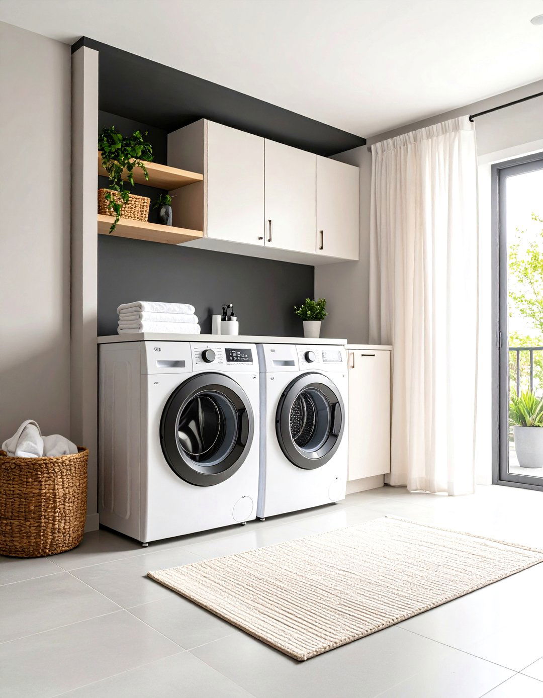 Stacked Machines in a Black Niche Save Laundry Room Floor Space - 25 black and white laundry room ideas