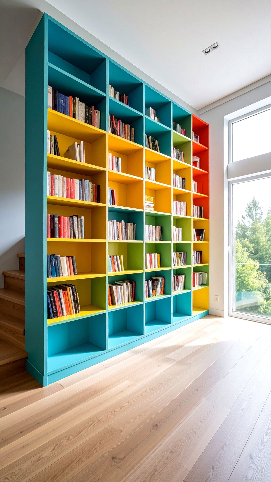 Stair Landing Bookcase Reaching a Tall Window - 25 bookcases around window design ideas