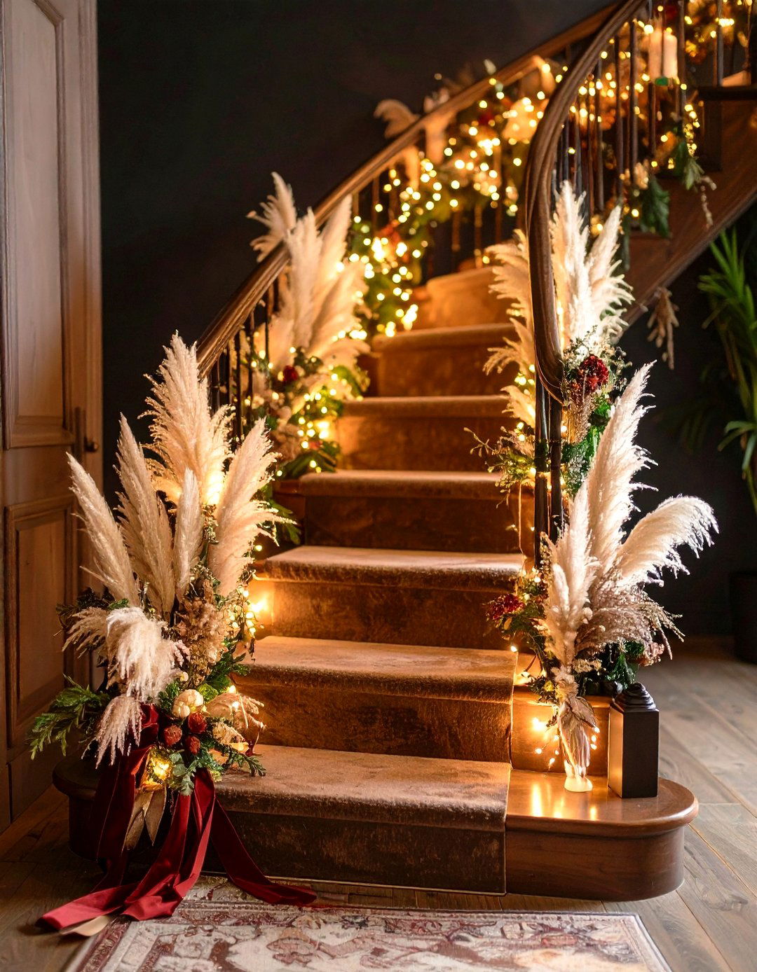 Staircase Garland of Pampas Grass and Velvet Ribbon - 25 pampas grass decor ideas