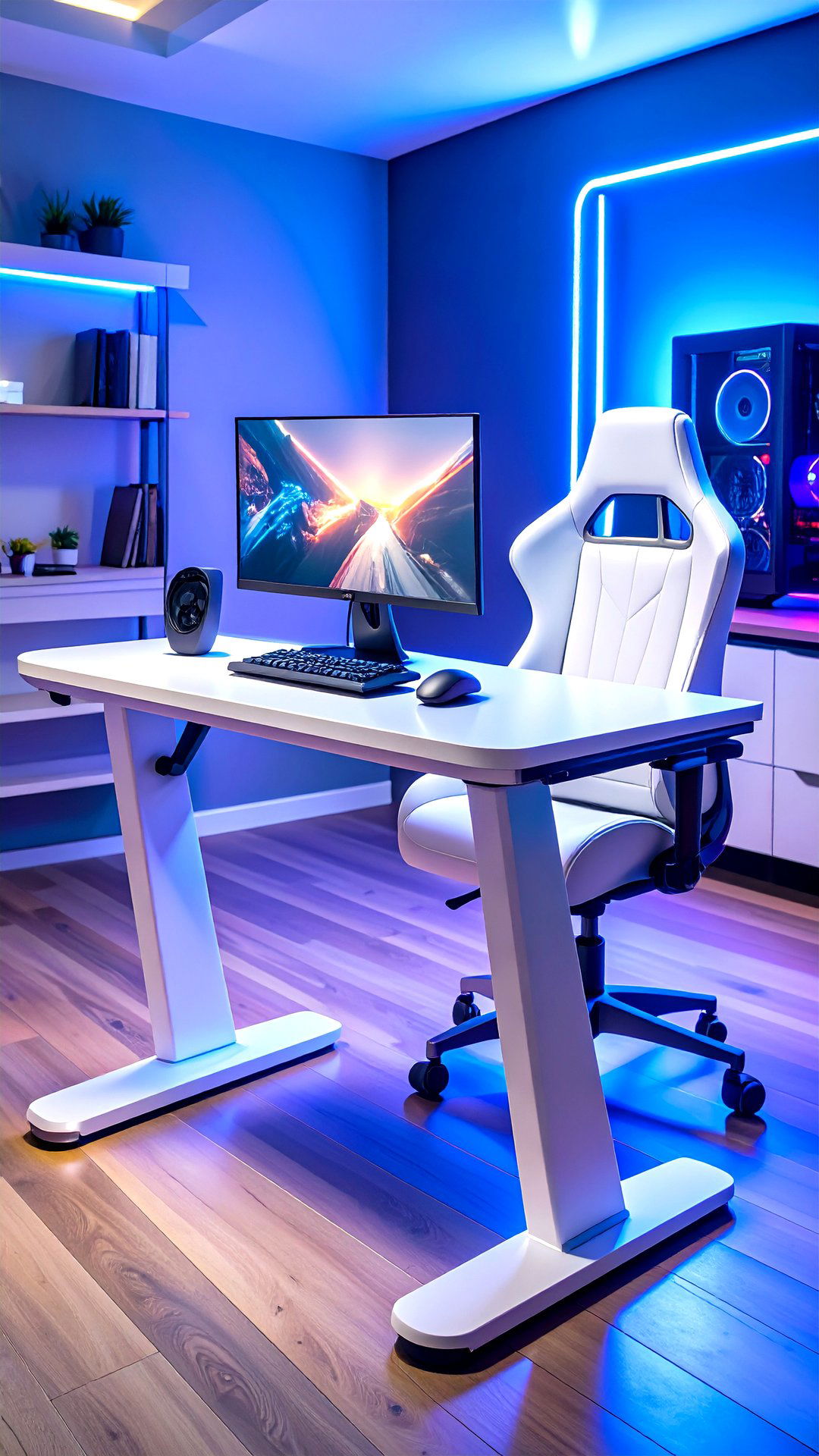 Standing Desk Elevation for a White Gaming Setup - 25 all white gaming setup ideas