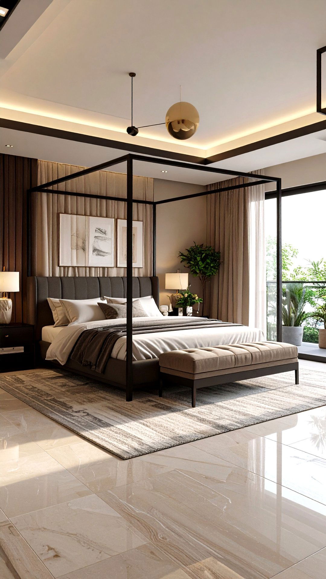 Statement Canopy Defines a Black and Beige Bedroom - 25 black and beige bedroom design ideas