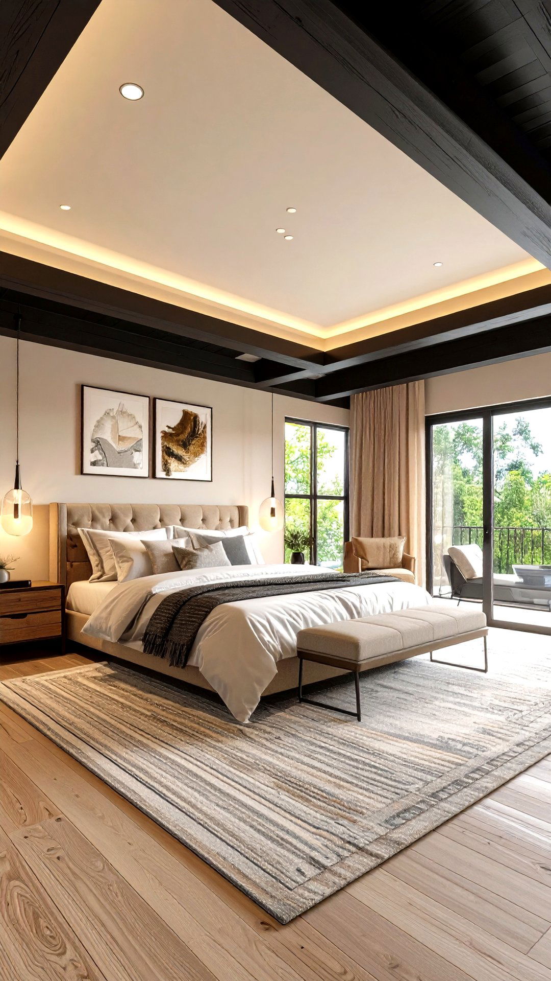 Statement Ceiling Lifts a Black and Beige Bedroom - 25 black and beige bedroom design ideas
