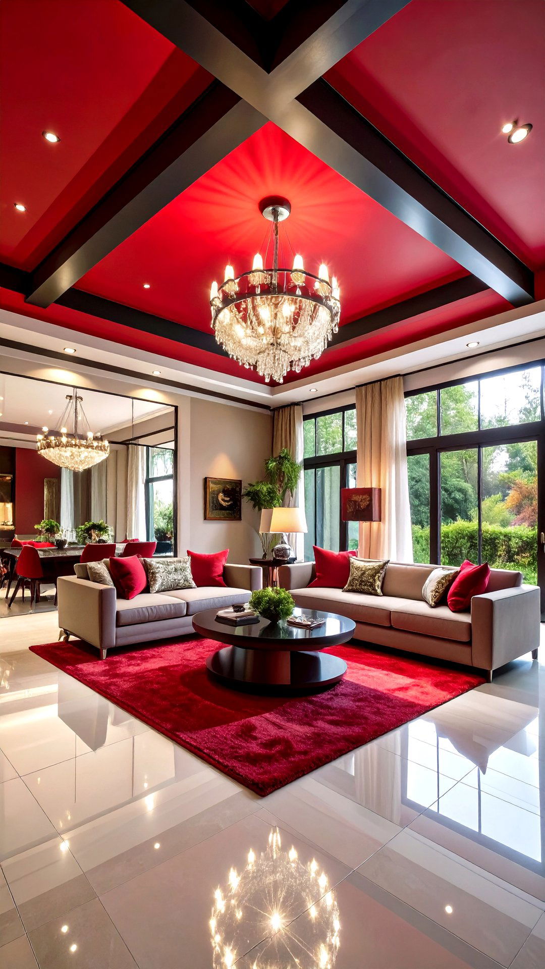 Statement Ceiling Painted Red with Black Beams - 25 black and red living room ideas