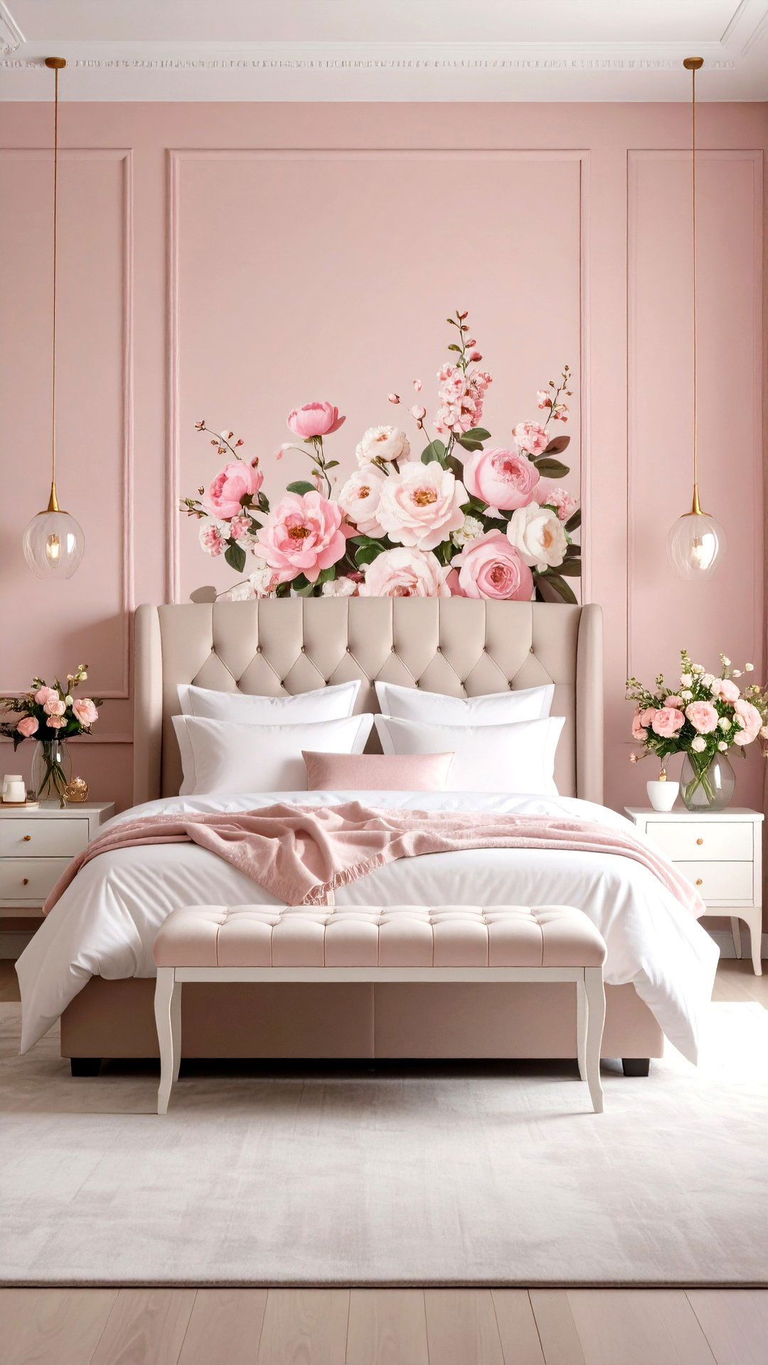 Statement Floral Wallpaper in Blush Tones - 25 blush pink bedroom ideas