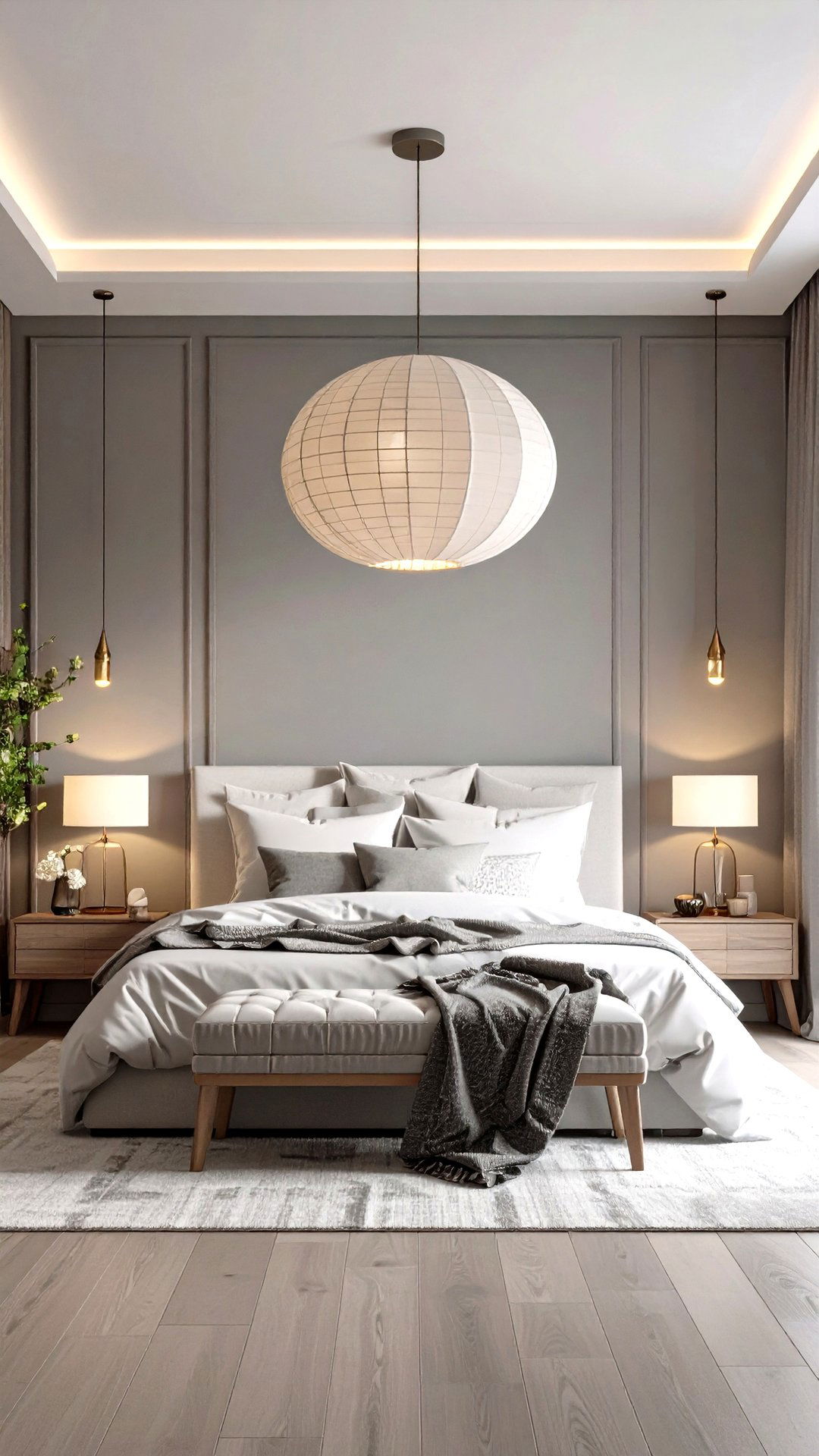 Statement Lighting in a Grey and White Bedroom - 25 grey and white bedroom ideas