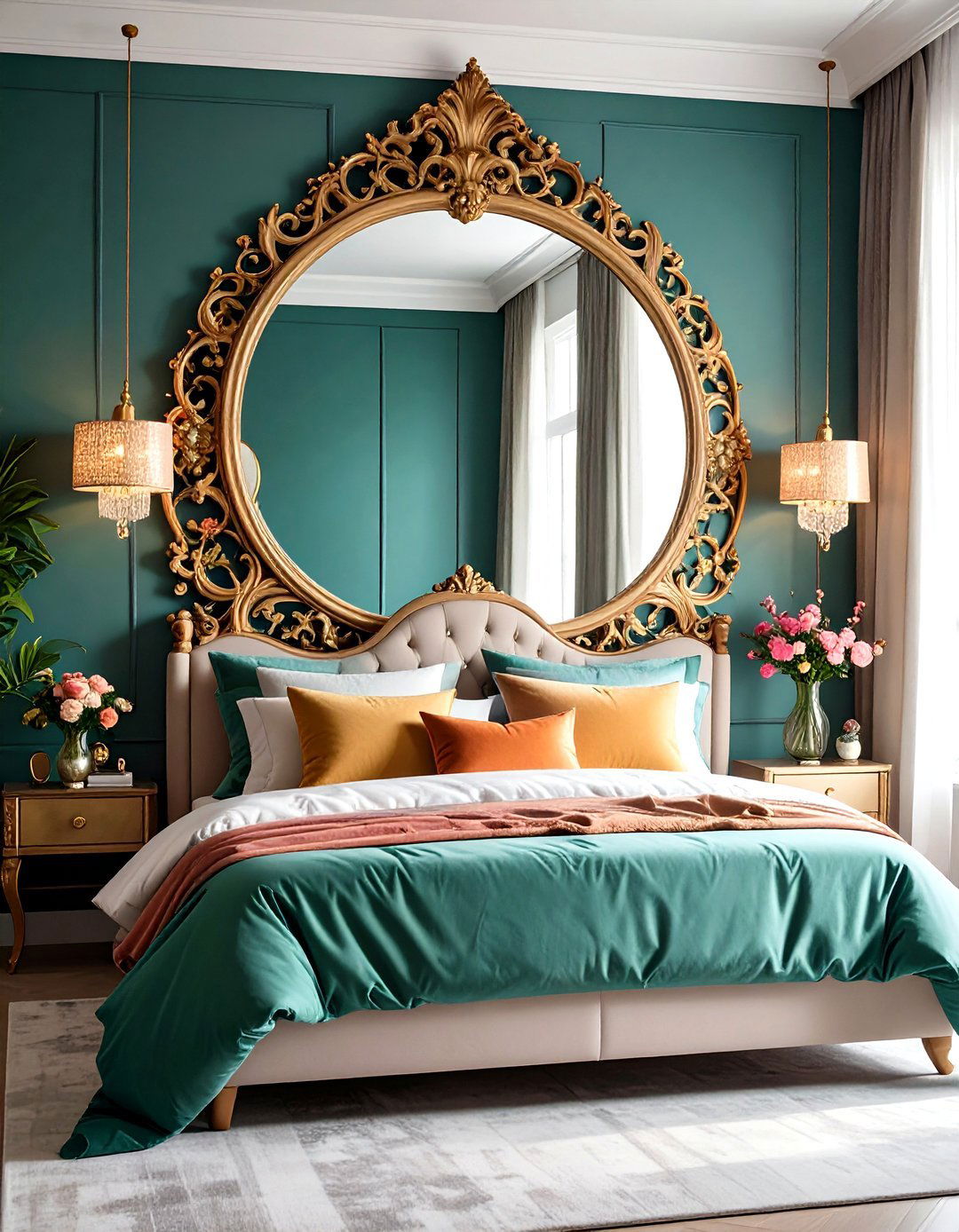 Statement Mirror for Light Bouncing Impact - 25 no headboard ideas