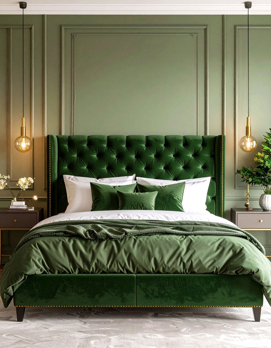 Statement Olive Green Velvet Headboard - 25 olive green bedroom ideas