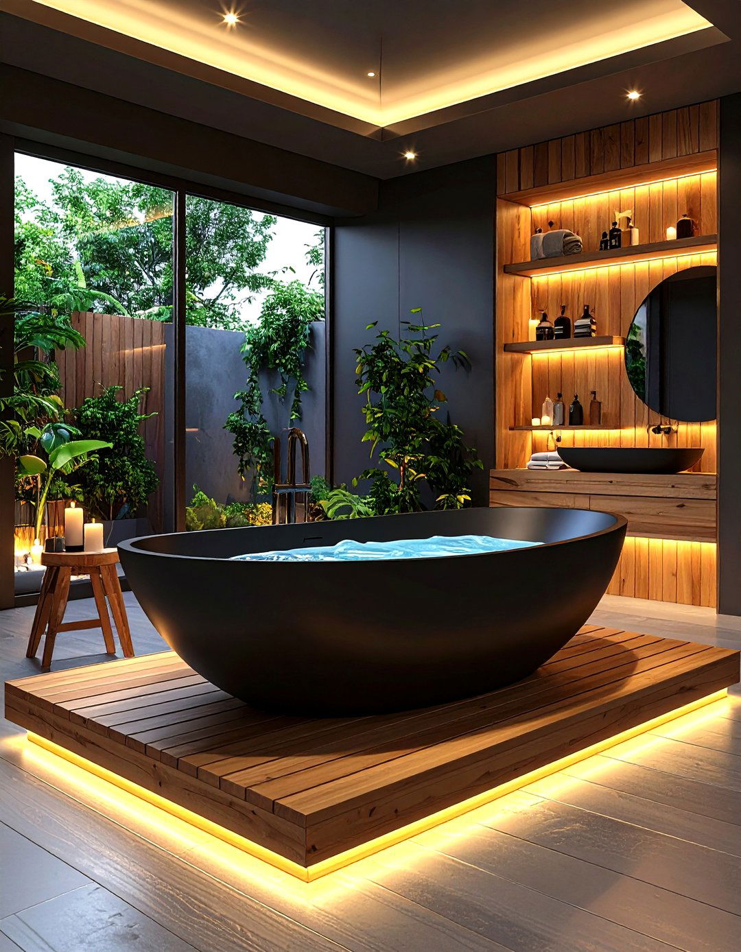 Statement Soaking Tub Centers a Black and Wood Bathroom Retreat - 25 black and wood bathroom ideas