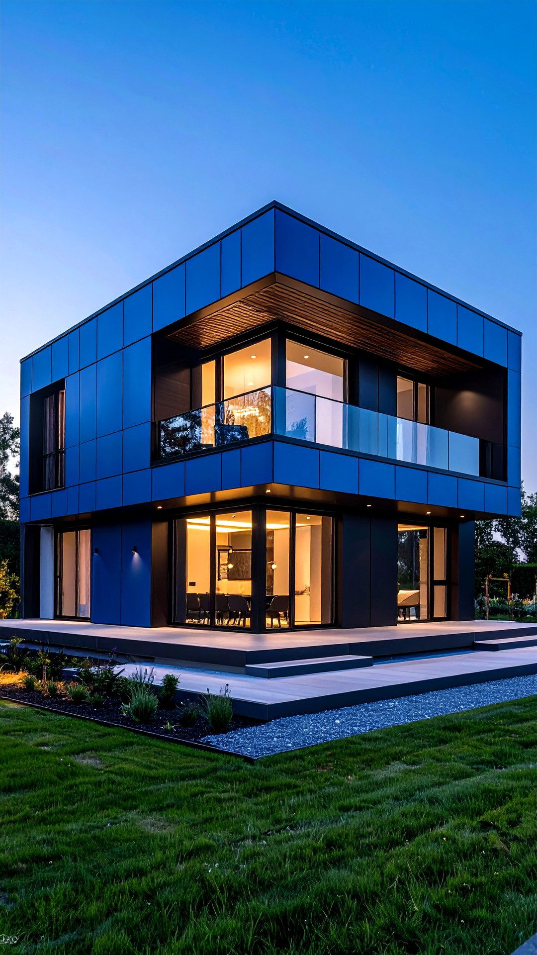 Steel Blue House Cube with Minimalist Black Reveals - 25 blue house with black trim ideas