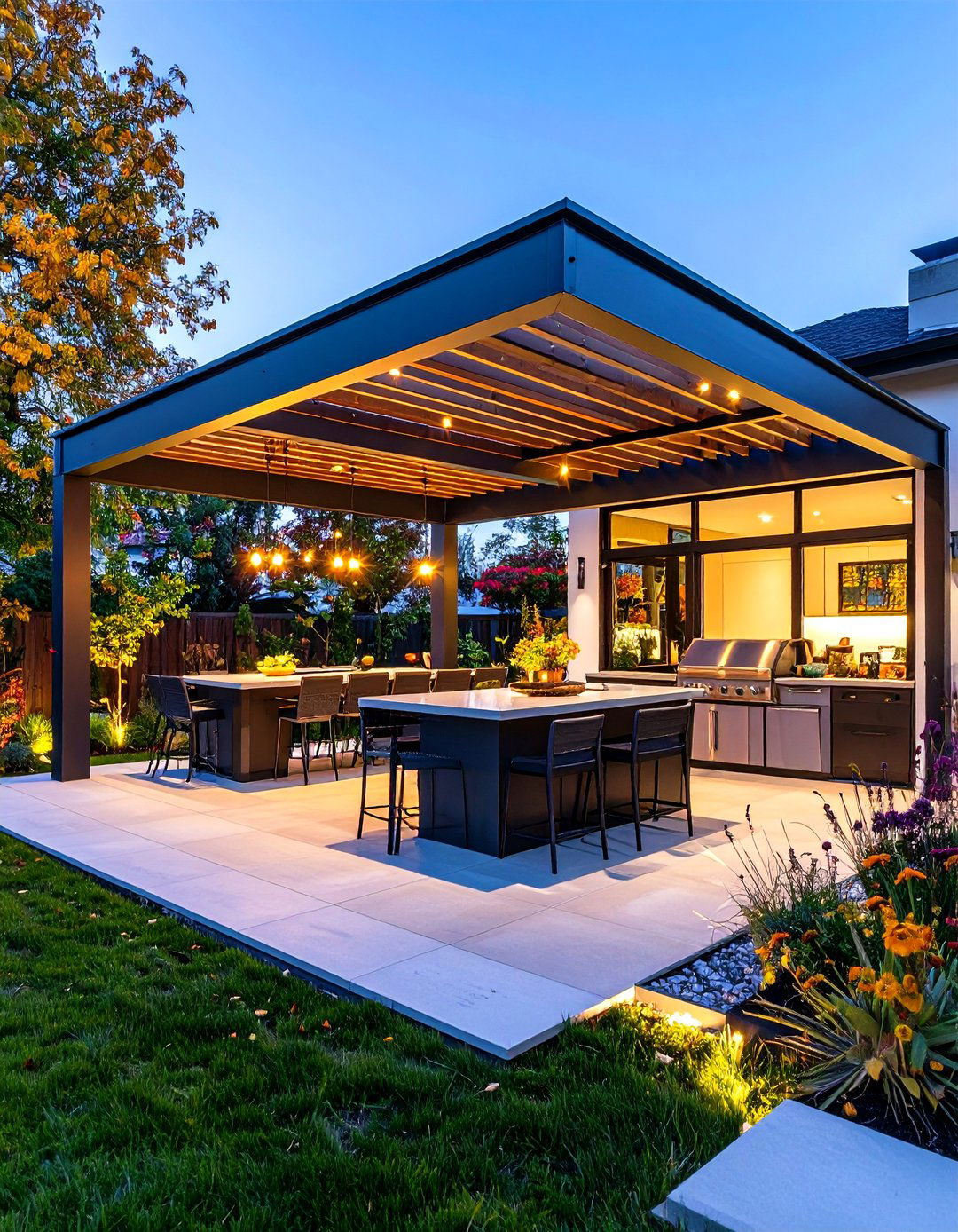 Steel Pergola Roof and Laser Cut Privacy Screens - 25 outdoor kitchen roof ideas