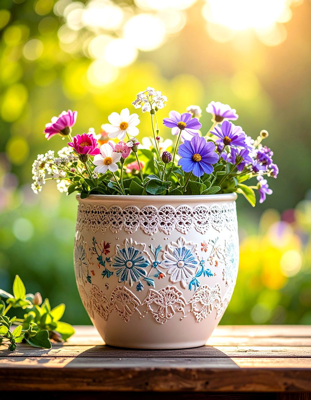 Stenciled Lace Painted Pot - 25 painted pot ideas