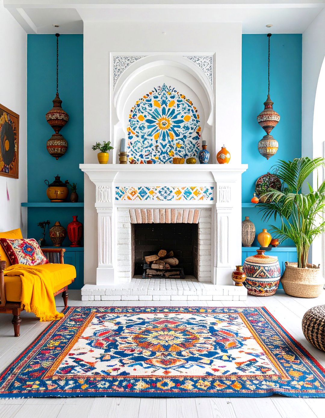 Stenciled Pattern over Painted Brick - 25 painted brick fireplace ideas