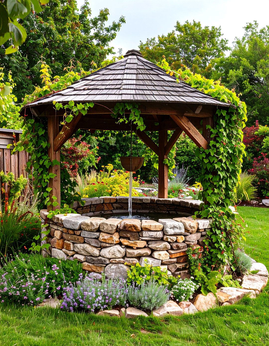 Stone Clad Wishing Well Garden with Creeping Vines - 25 outdoor wishing well garden ideas