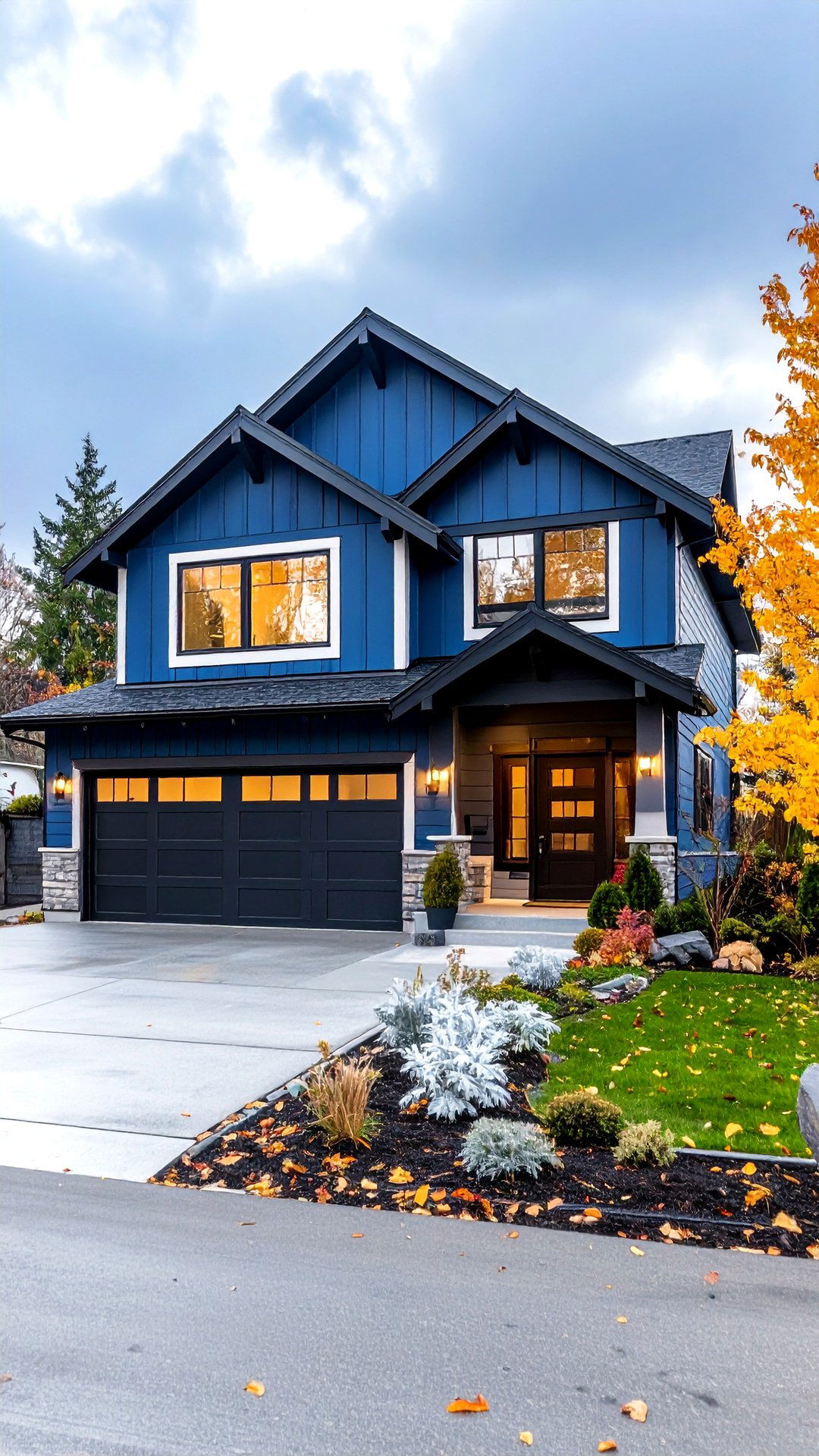 Stormy Blue House Ranch with Black Garage Doors and Fascia - 25 blue house with black trim ideas
