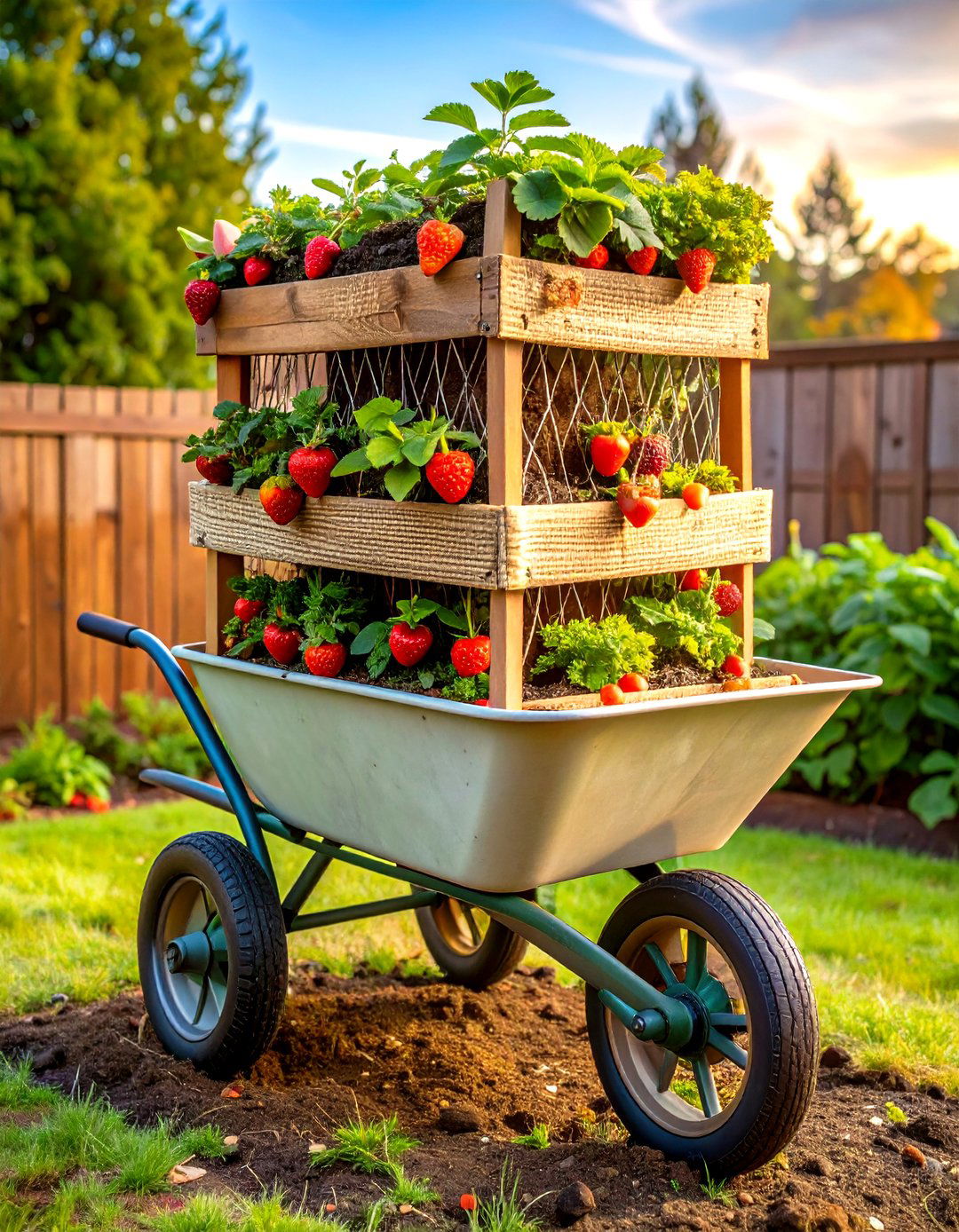 Strawberry Filled Wheelbarrow Tower Planter - 25 old wheelbarrow ideas