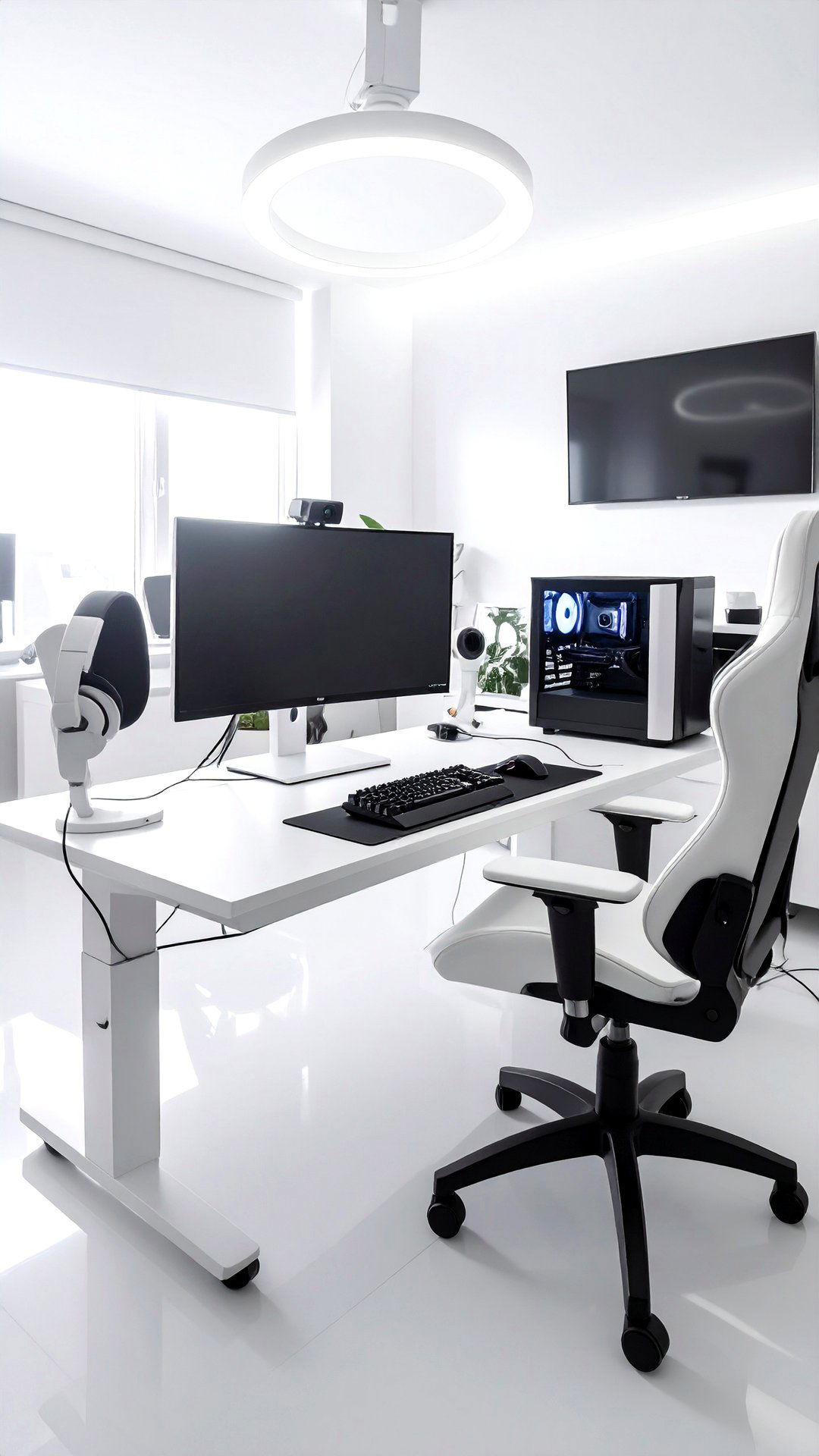 Stream Ready White Gaming Setup With Camera and Ring Light - 25 all white gaming setup ideas