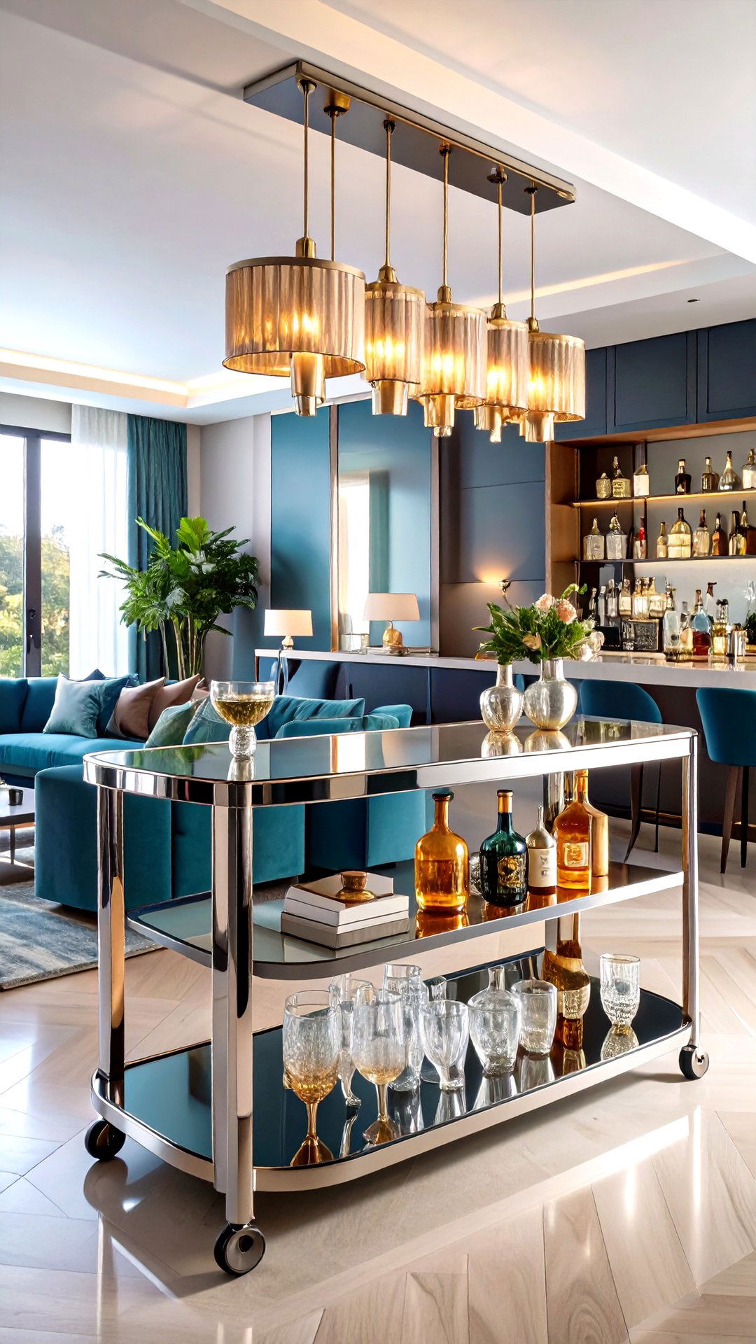 Streamlined Bar Carts Bring Speakeasy Chic to an Art Deco Living Room - 25 art deco living room ideas