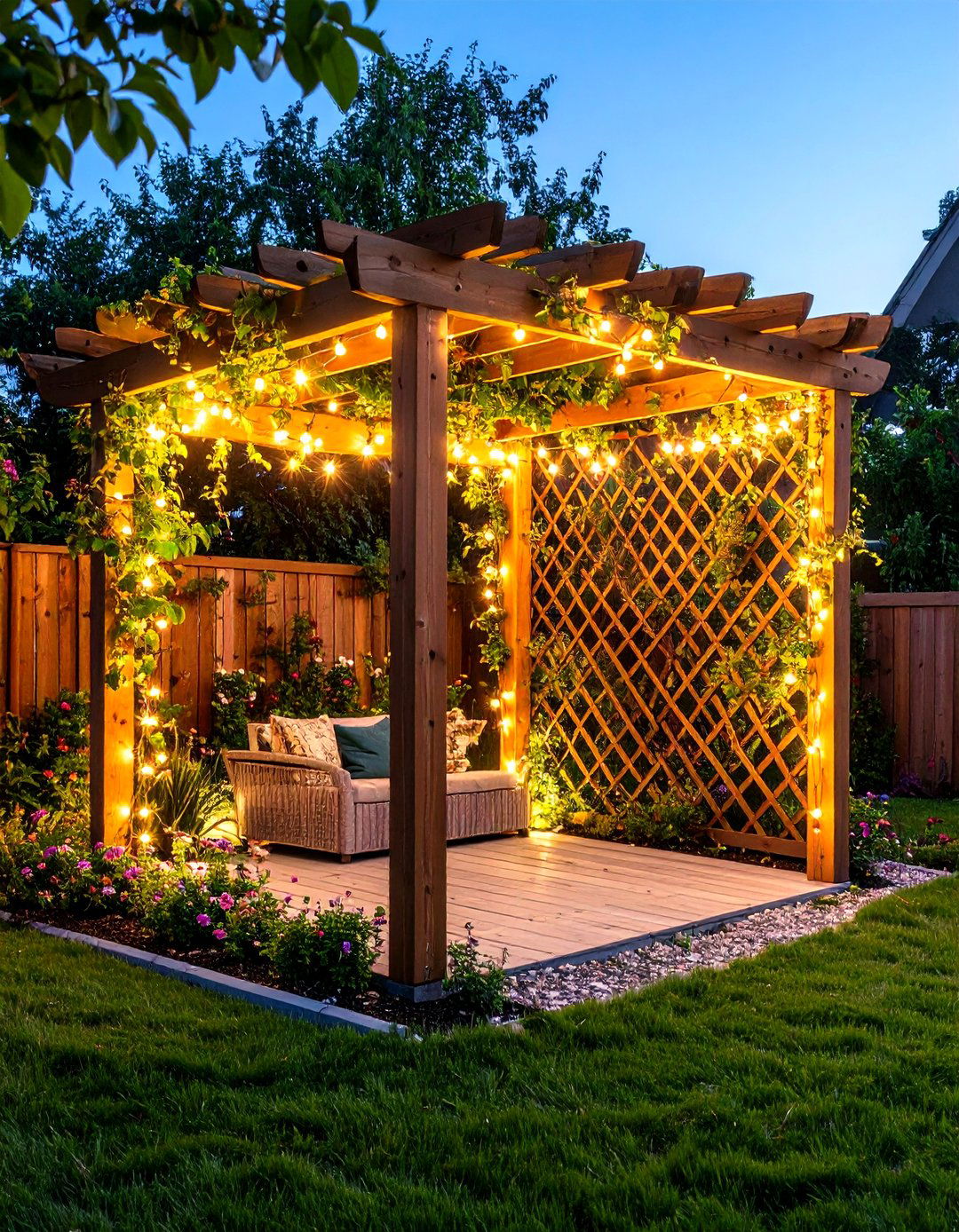 String Light Trellis Privacy Screen - 25 outdoor privacy screen ideas