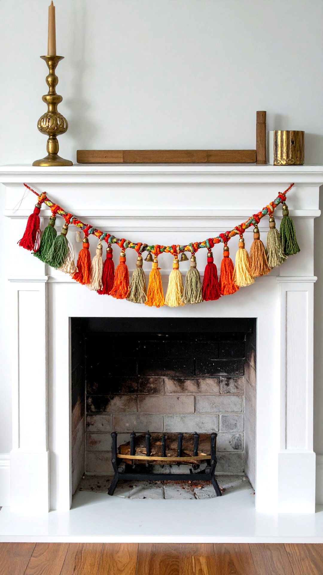 String a Rainbow Tassel Garland Across the Boho Living Room Mantel - 25 colorful boho living room ideas