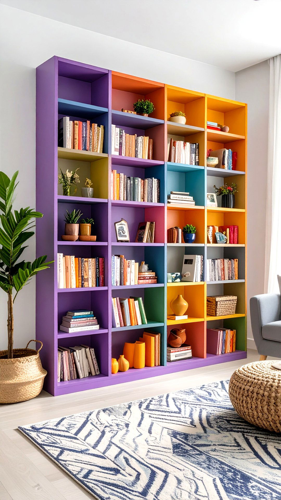 Style a Color Drenched Bookshelf in the Boho Living Room - 25 colorful boho living room ideas