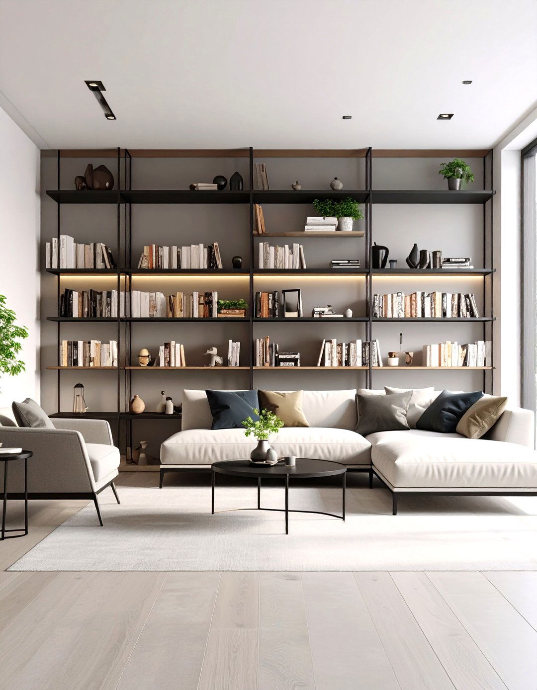Styling Open Shelves Keeps a Neutral Living Room Interesting - 25 neutral living room ideas