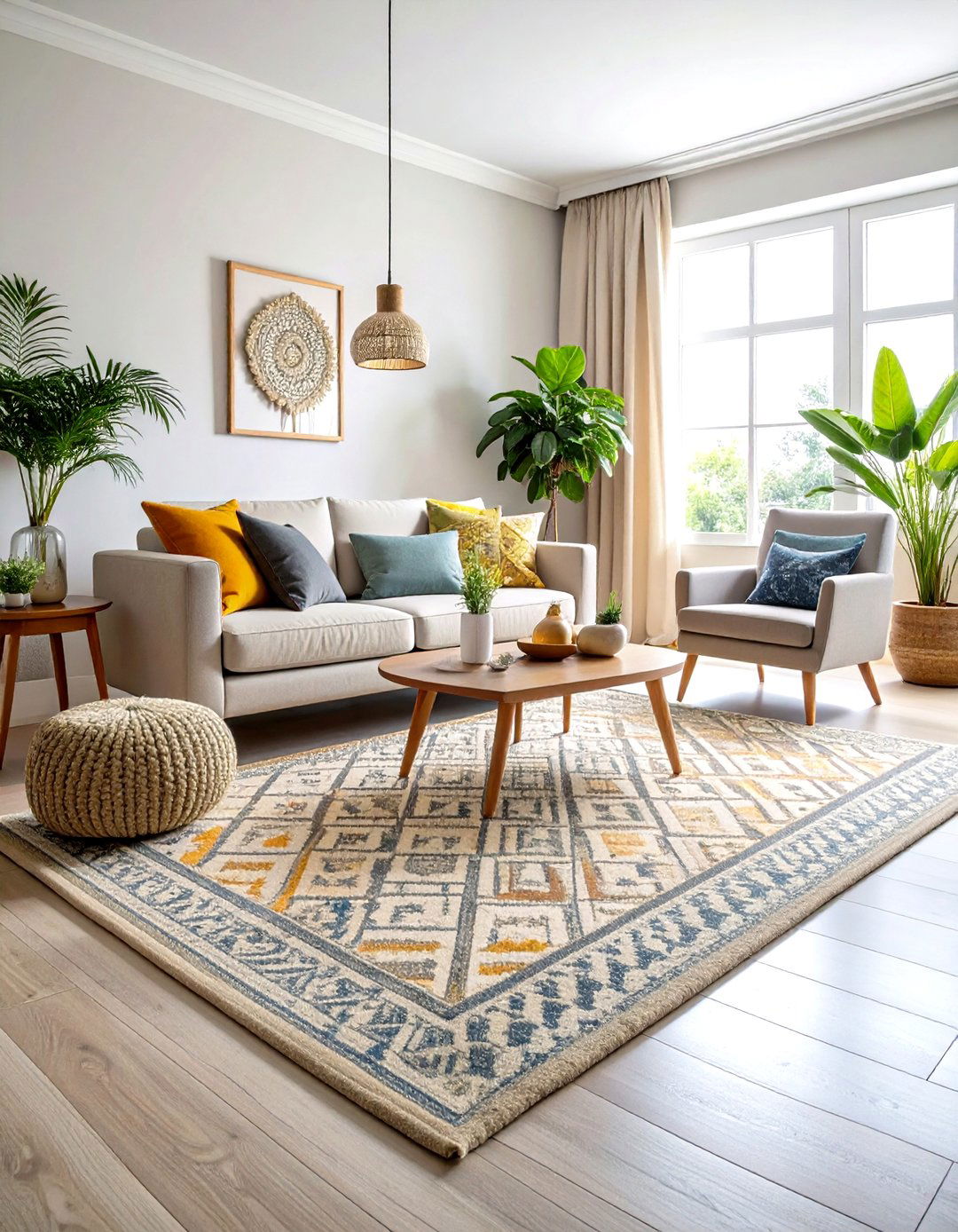 Subtle Pattern Rugs Define Zones in a Neutral Living Room - 25 neutral living room ideas