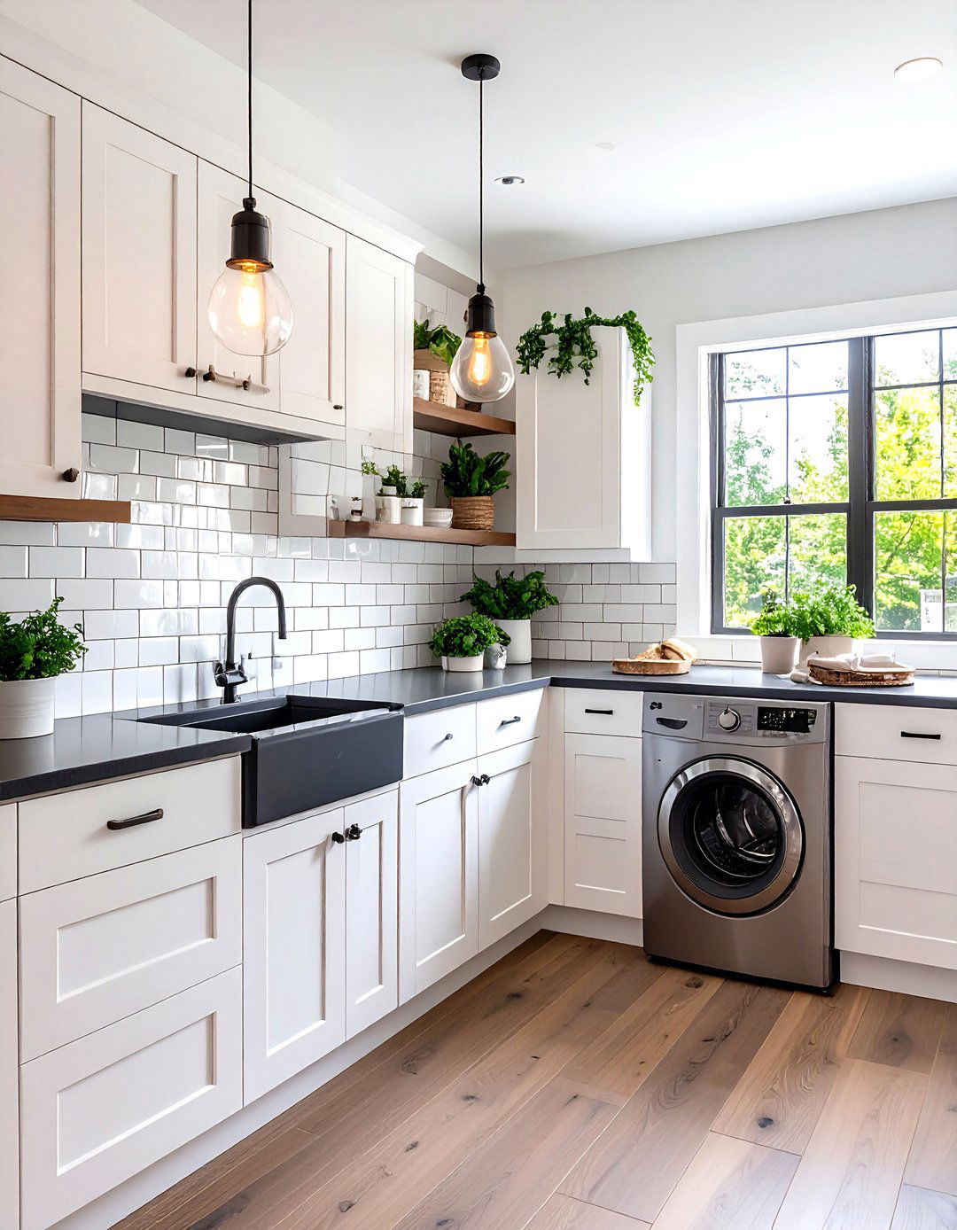 Subway Tile with Black Grout Adds Graphic Laundry Room Armor - 25 black and white laundry room ideas