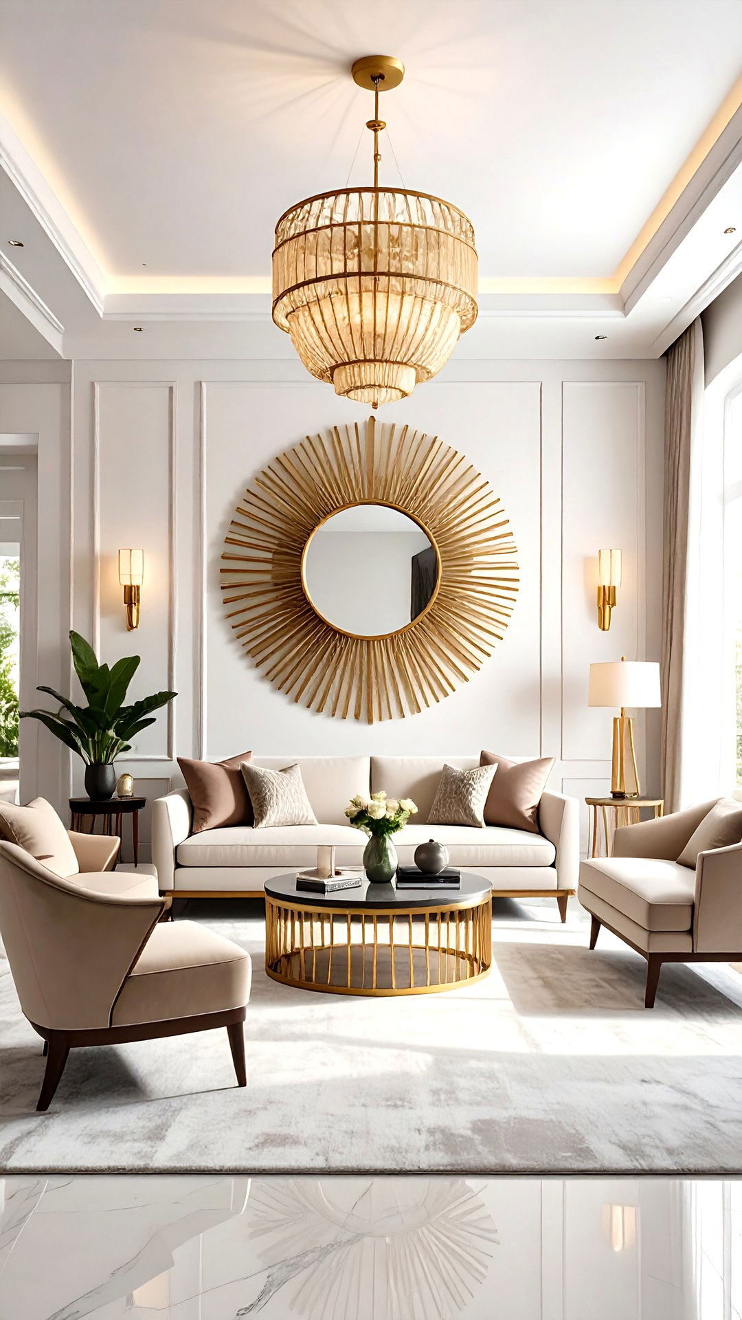 Sunburst Mirrors Anchor an Art Deco Living Room Focal Wall - 25 art deco living room ideas