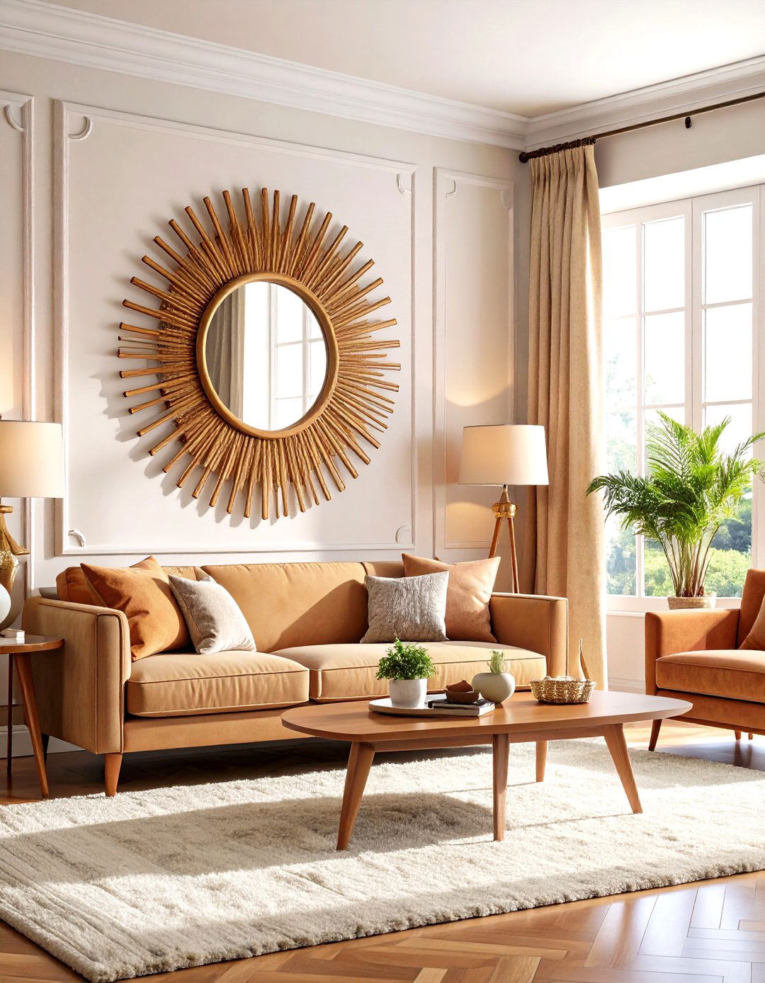 Sunburst Mirrors Centering a s Living Room - 25 70s living room ideas