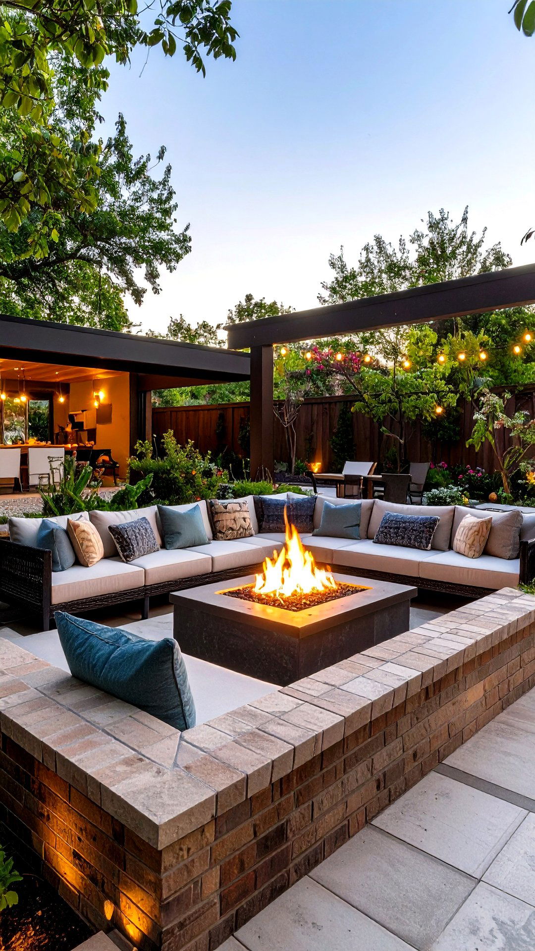 Sunken Lounge Brick Patio with Fire Feature - 25 brick patio ideas