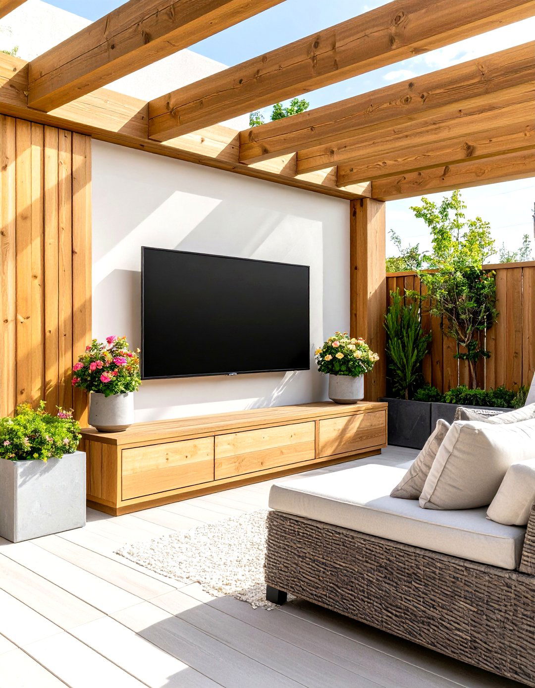 Sunken Patio Niche with Partial Shade Comfort - 25 outdoor tv ideas