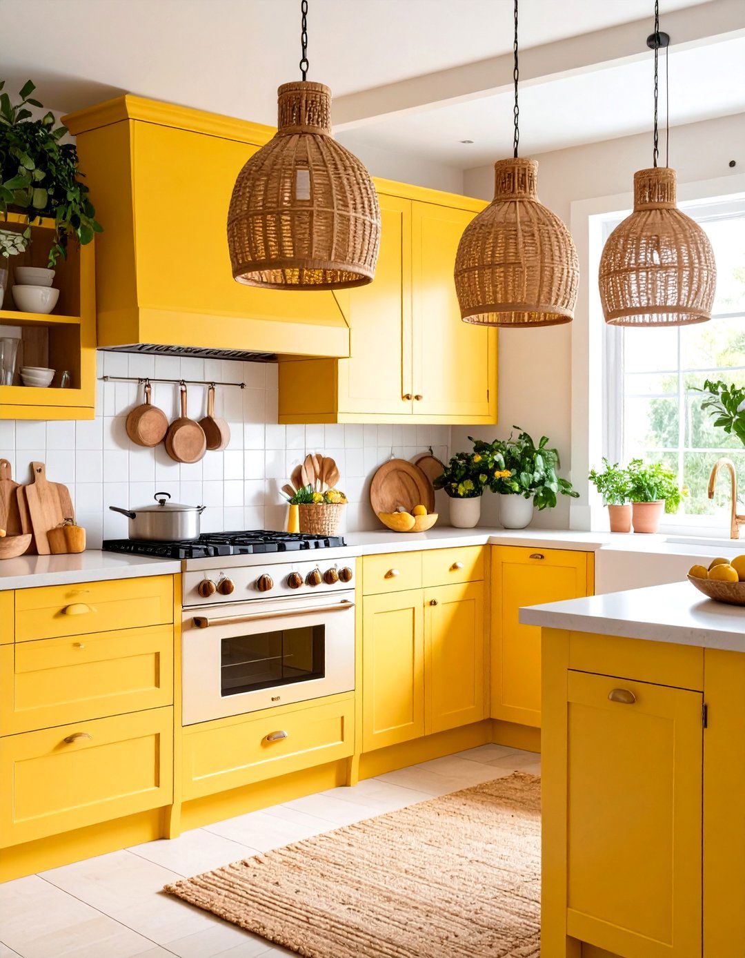 Suspend Rattan or Cane Pendants Over Yellow Base Units - 25 pale yellow kitchen ideas