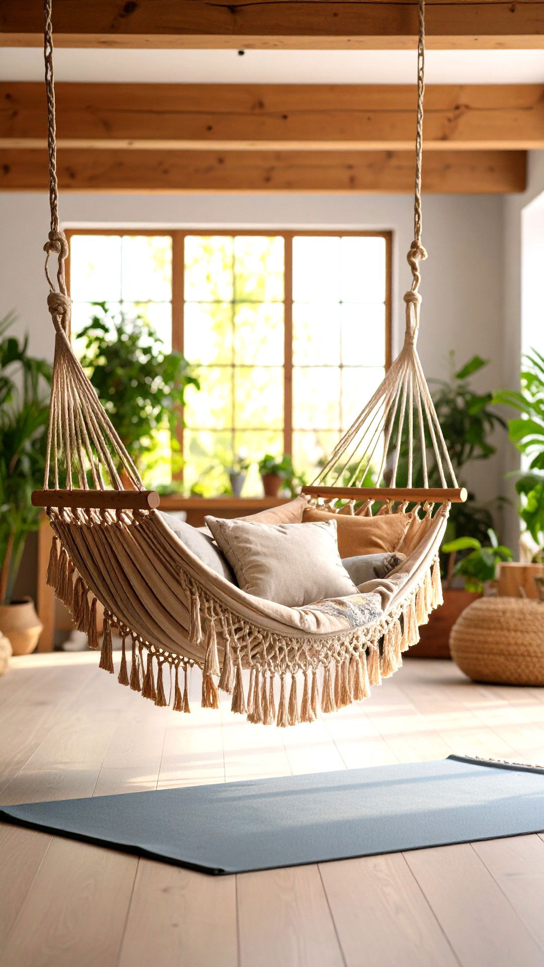 Suspend an Indoor Hammock Swing in the Boho Living Room - 25 colorful boho living room ideas