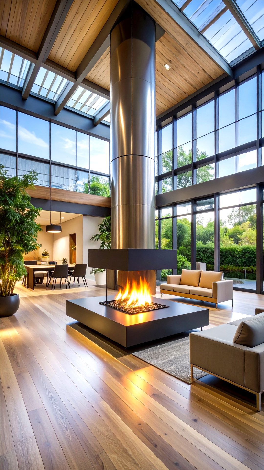 Suspended Steel Chimney Sided Fireplace - 25 3 sided fireplace ideas