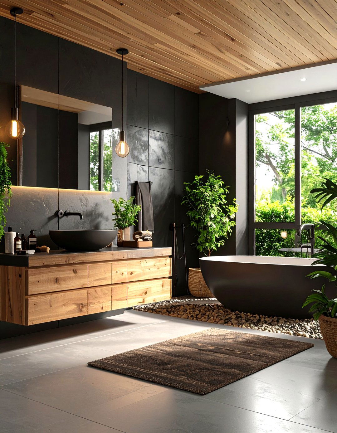 Sustainable Finishes Reduce Impact in Black and Wood Bathrooms - 25 black and wood bathroom ideas