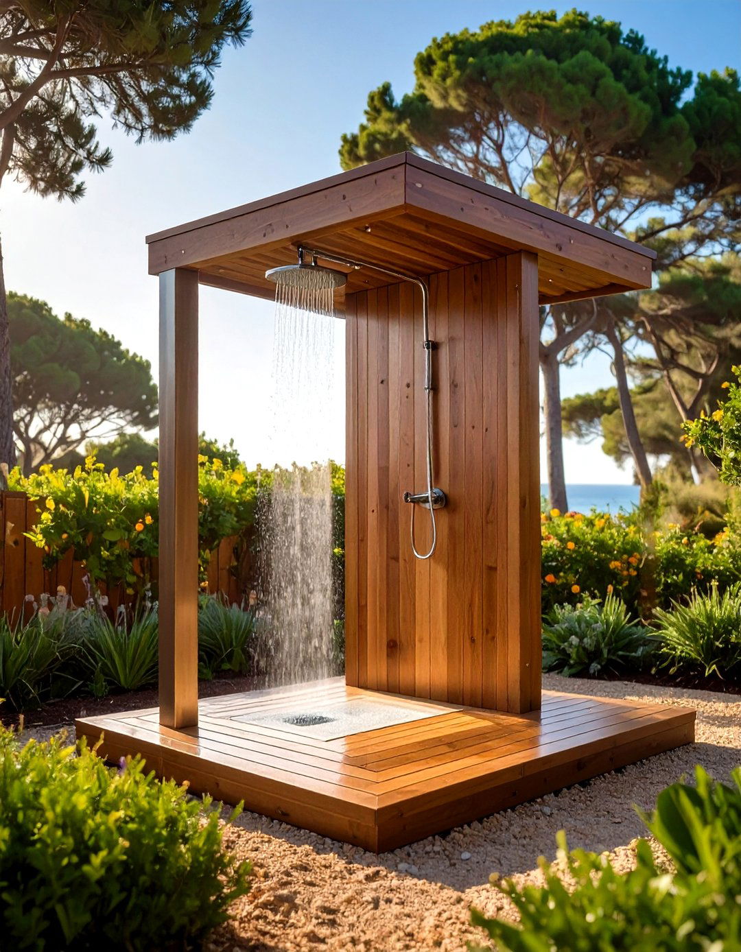 Teak Platform Freestanding Outdoor Shower - 25 outdoor shower ideas
