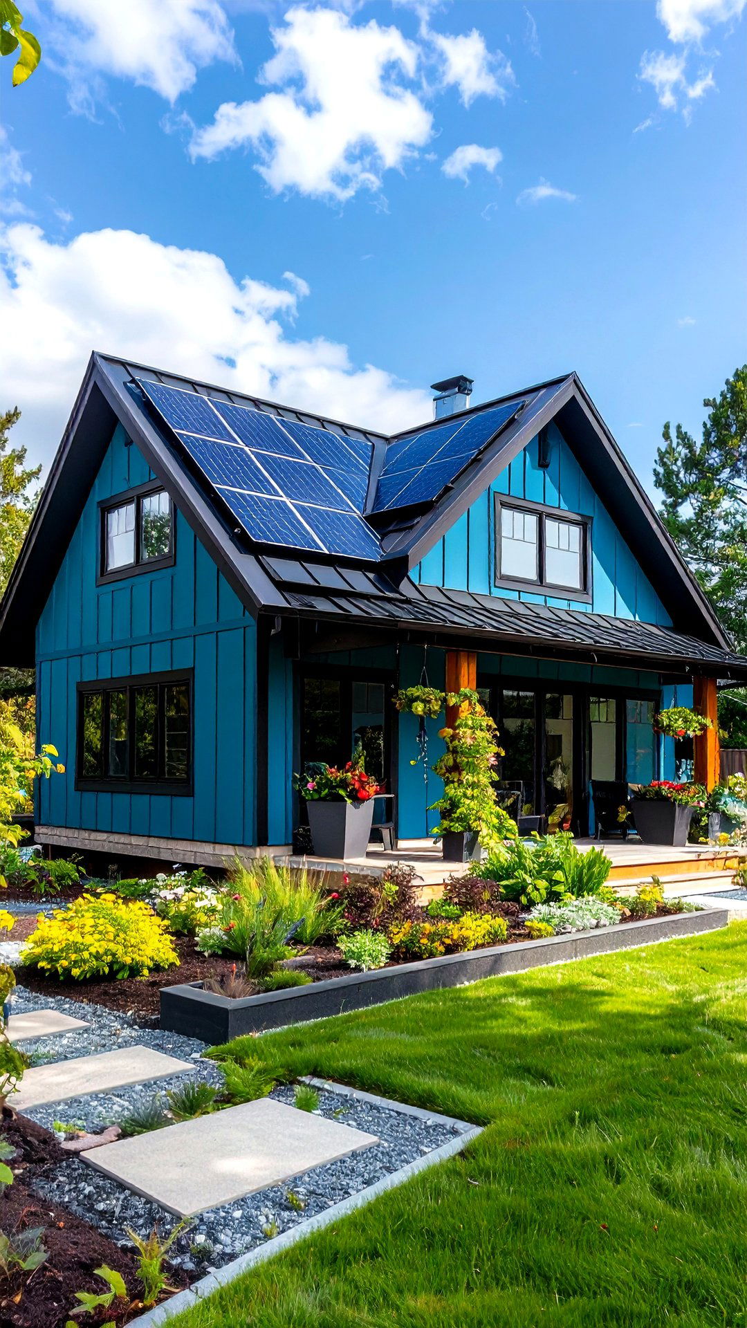 Teal Blue Eco Home with Black Solar Panel Framing - 25 blue house with black trim ideas