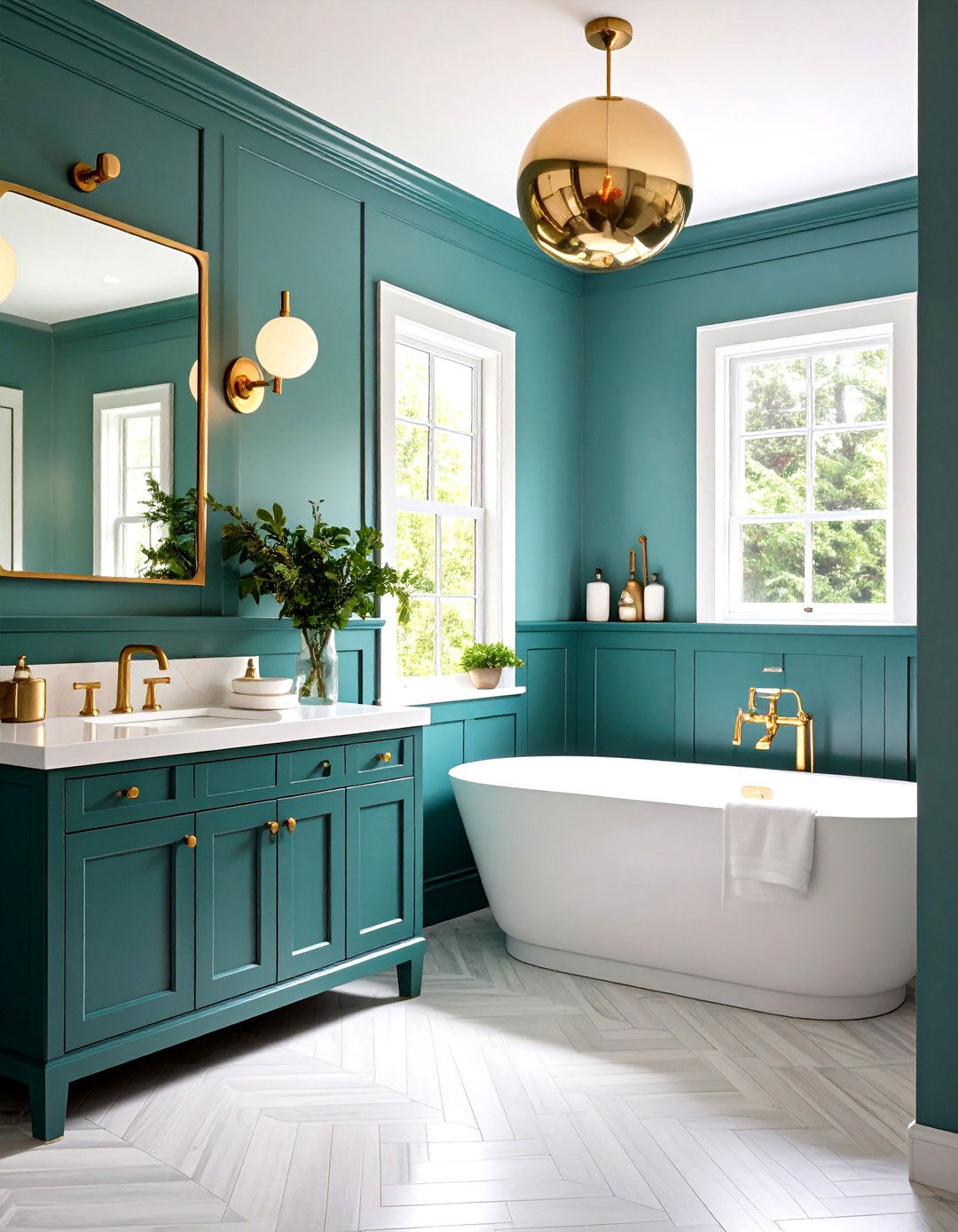 Teal Wainscoting Bathroom with Gold Sconces - 25 blue and gold bathroom ideas