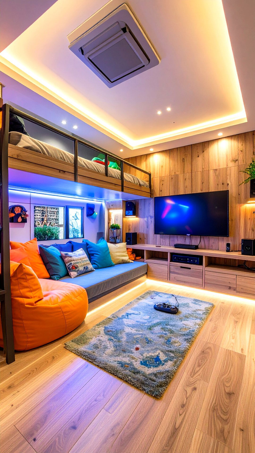 Teen Hangout Bunk Room with Gaming Nook - 25 bunk room ideas