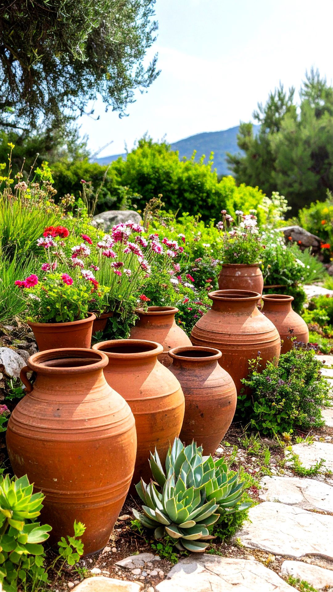 Terracotta Amphora Cluster for Rustic Texture - 25 greek garden ideas