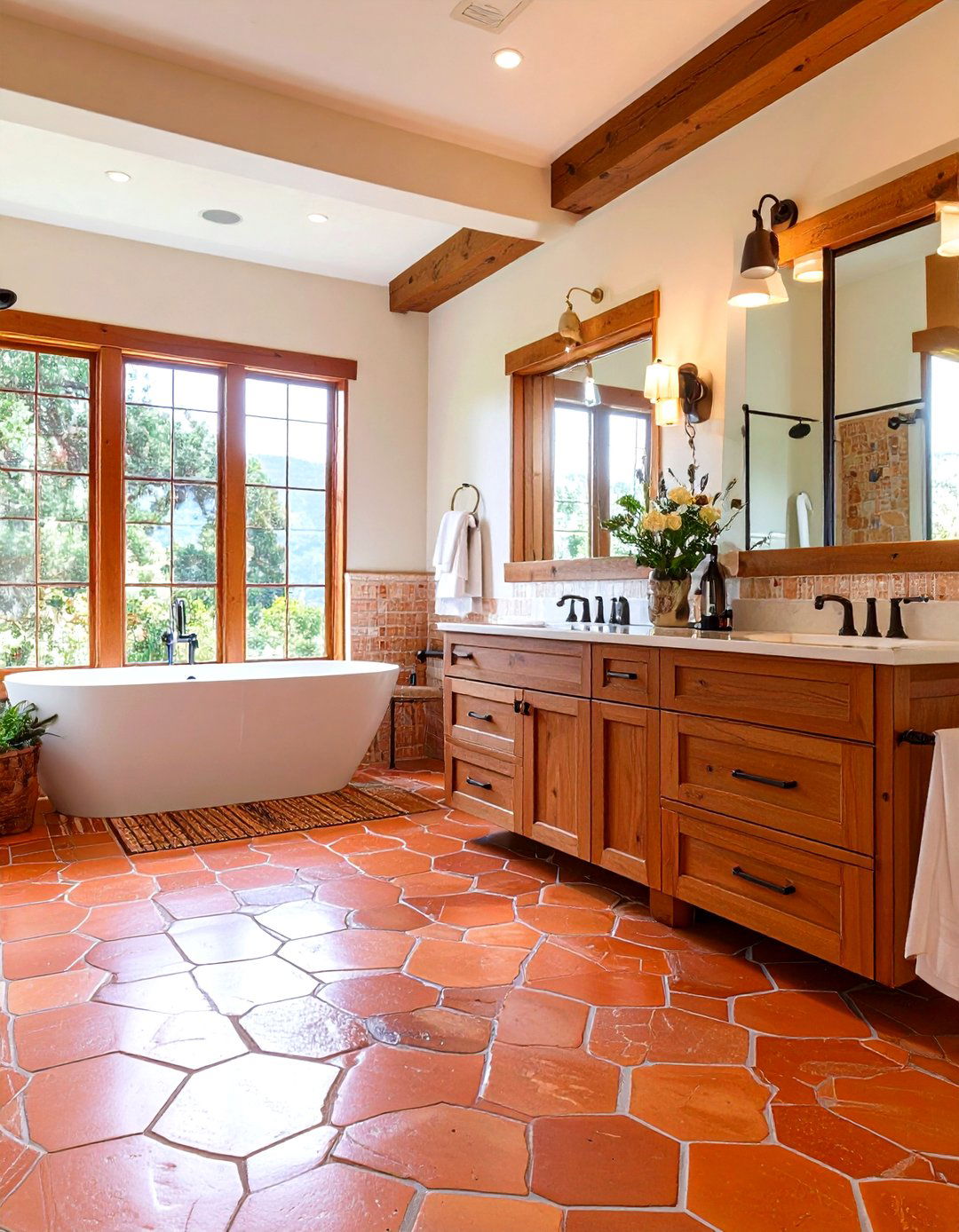 Terracotta Hex Floor Tiles for Organic Warmth - 25 orange bathroom ideas