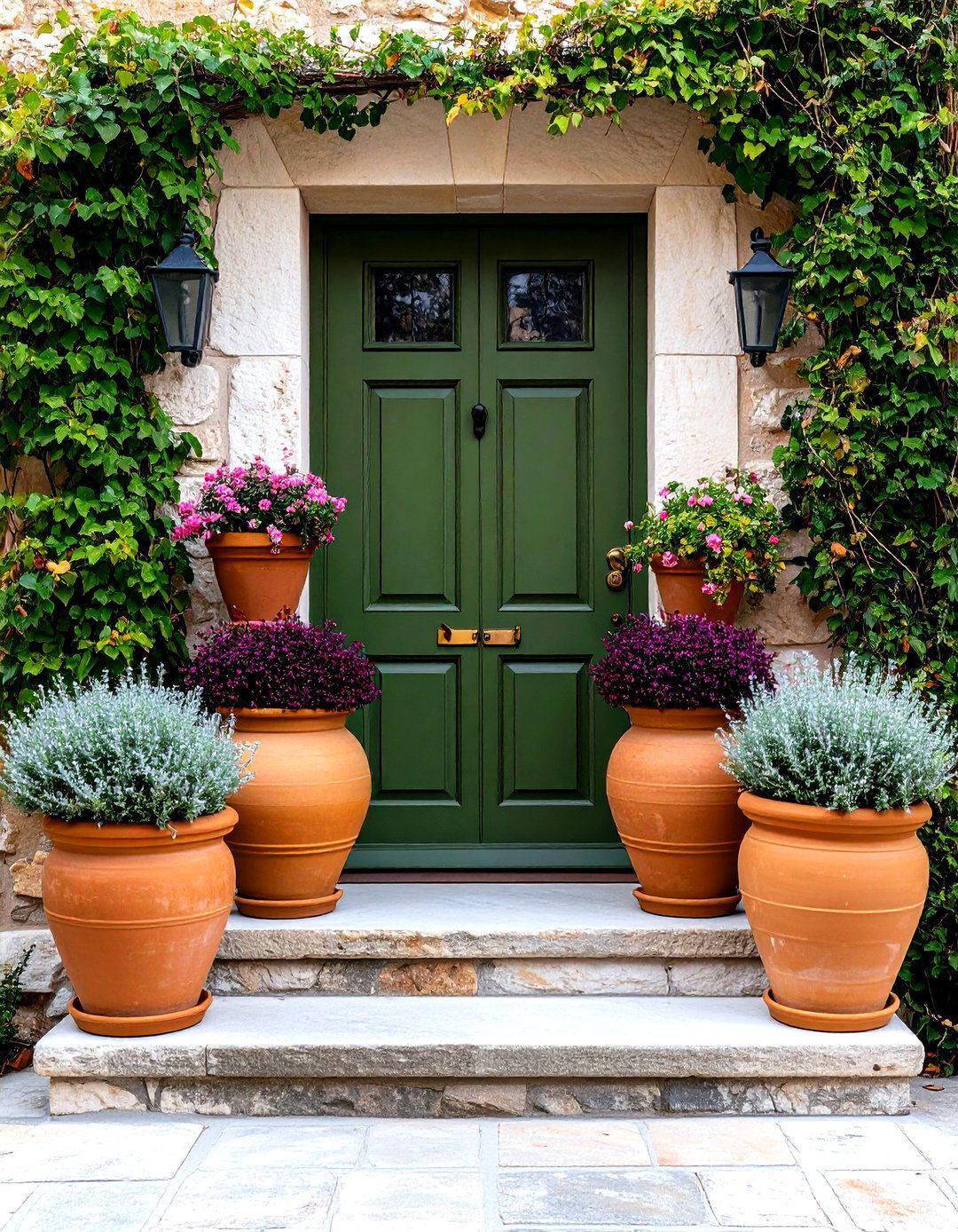 Terracotta Pots and Olive Green Front Door Contrast - 25 olive green front door ideas